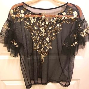Express Floral Embroidered Mesh Top